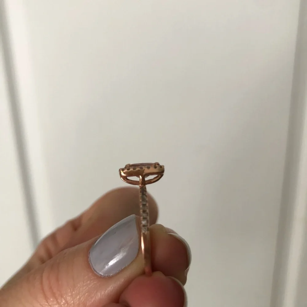 14k rose gold, diamond and emerald cut peach sapphire engagement ring - Picture 9 of 16